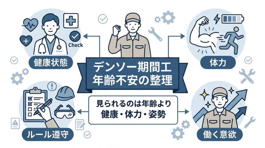 デンソー期間工の年齢制限と採用判断の考え方を整理した図解。年齢より健康状態や体力、姿勢が見られることを示す画像