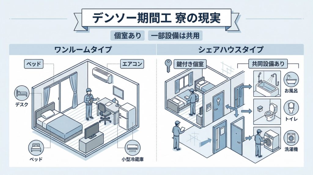 デンソー期間工の寮条件を示す図解。ワンルームタイプとシェアハウスタイプ、個室と共用設備の違いを表した画像