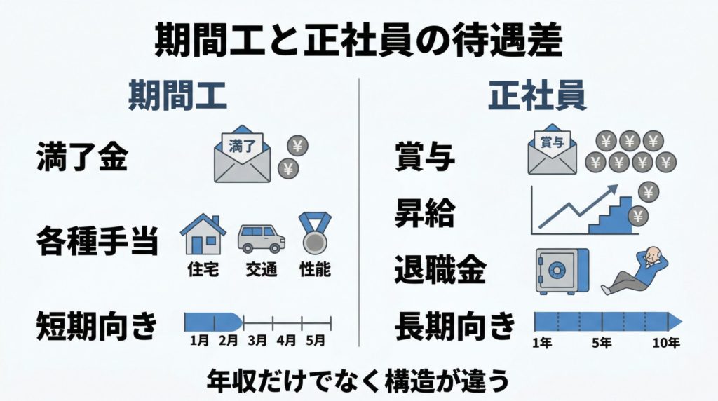 デンソー期間工と正社員の待遇差を比較した図解。満了金と各種手当、賞与と昇給と退職金の違いを示す画像
