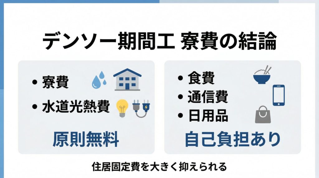 デンソー期間工の寮費無料の仕組みを整理した図解。寮費と水道光熱費は原則無料で、食費や通信費は自己負担であることを示す画像