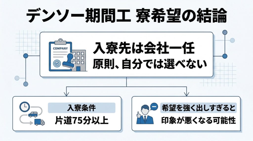 デンソー期間工の寮希望は原則通らず、入寮先は会社一任であることを整理した図解スライド