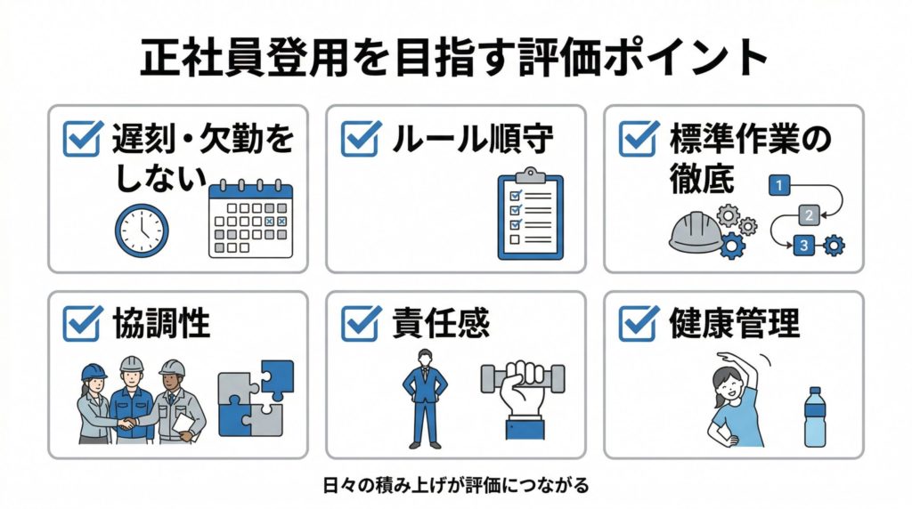 デンソー期間工から正社員を目指す際の評価ポイントをまとめた図解