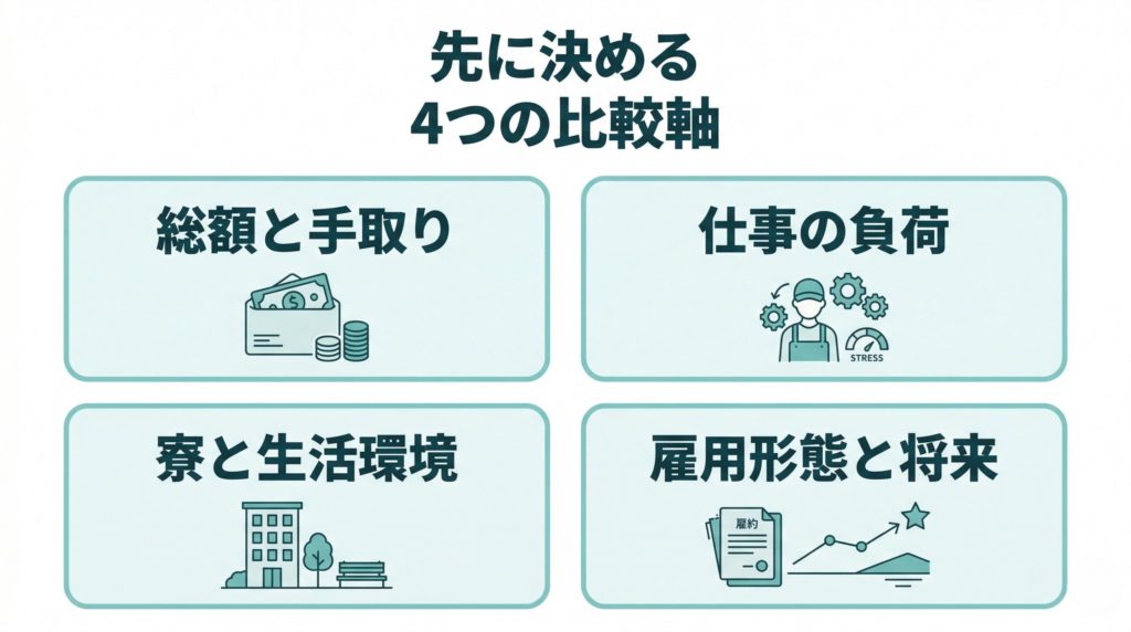期間工で失敗しない選び方の4つの比較軸を、文字入りのシンプルなスライド形式で整理した画像