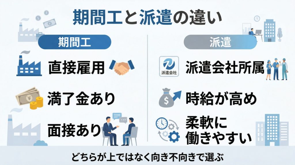 期間工と派遣はどっちがいい？の違いを比較した図