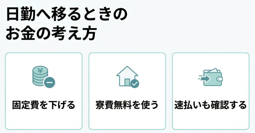 夜勤から日勤へ移るときのお金の考え方を、固定費、寮費無料、速払いの3点で整理した文字入りスライド画像